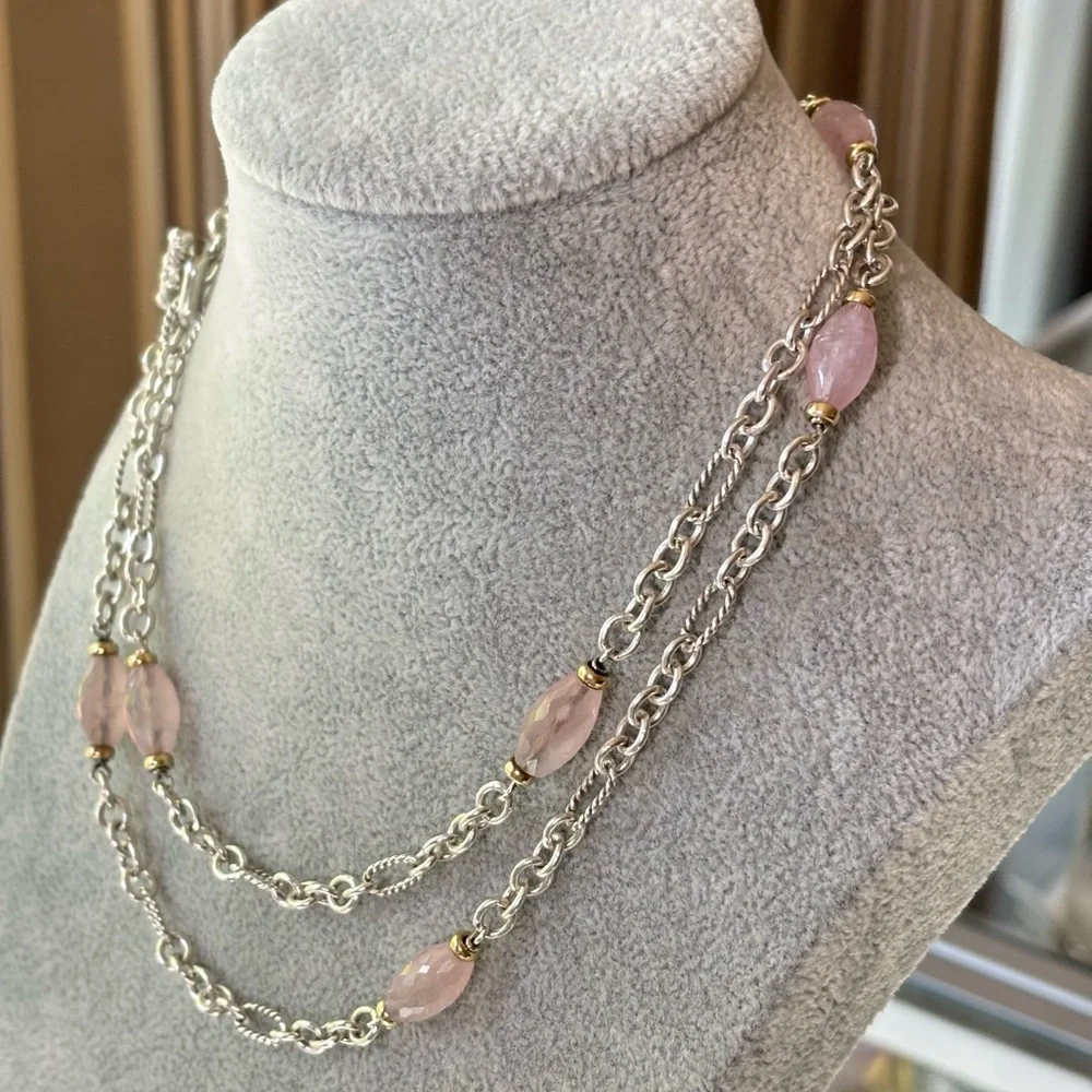 David Yurman 925 & 18k Gold Bijoux Station Necklace with Rose Quartz 34